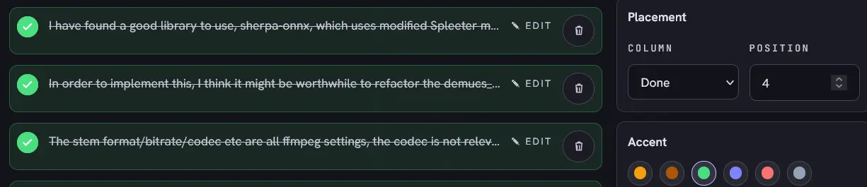 Project Board checklist items containing development prompts