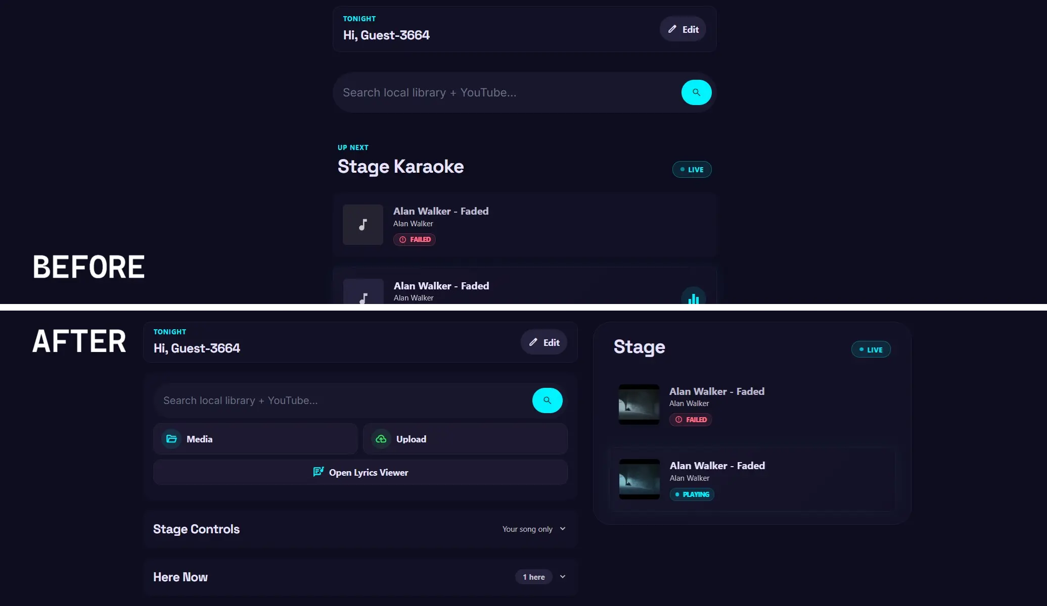 Queue page before and after the two-column desktop redesign