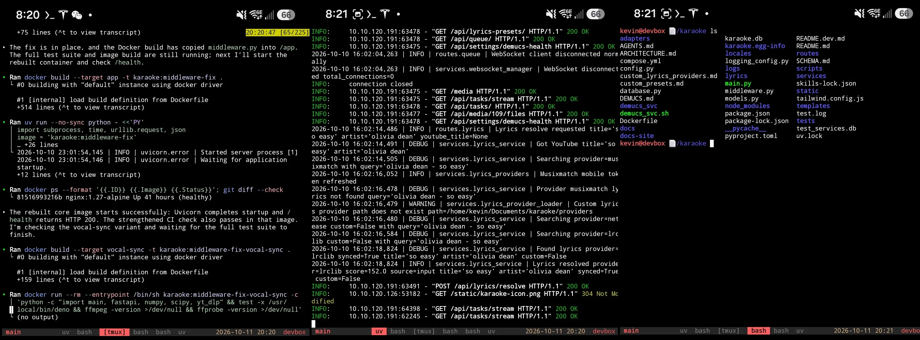 Termux showing tmux windows for coding agents and shell sessions