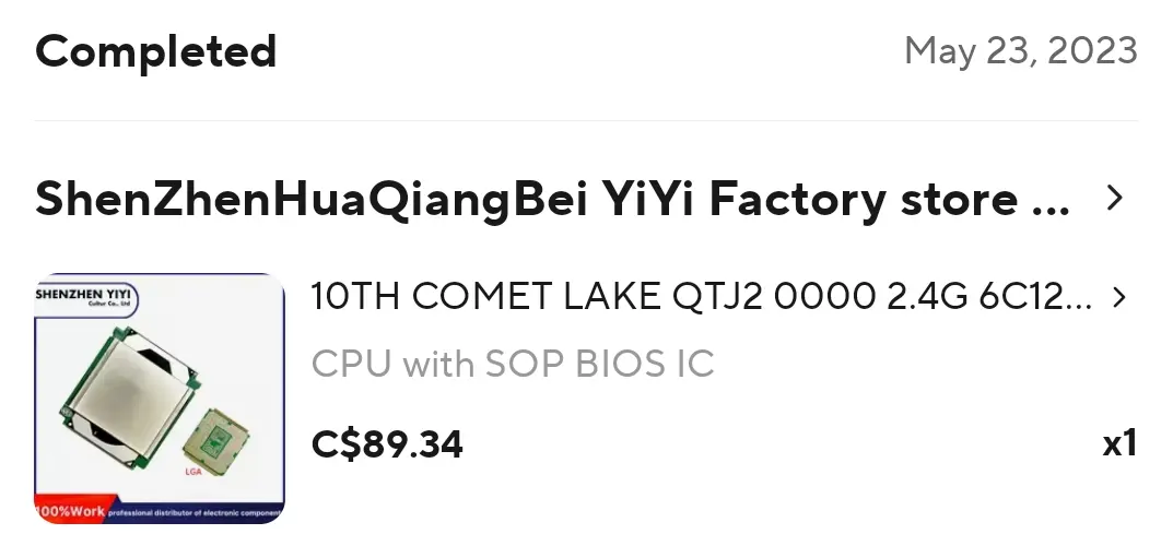 AliExpress order for a plated QTJ2 mutant CPU and BIOS chip