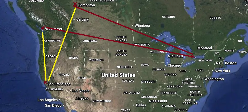 Google Maps showing the distances between Vancouver, Edmonton, Toronto and San Jose