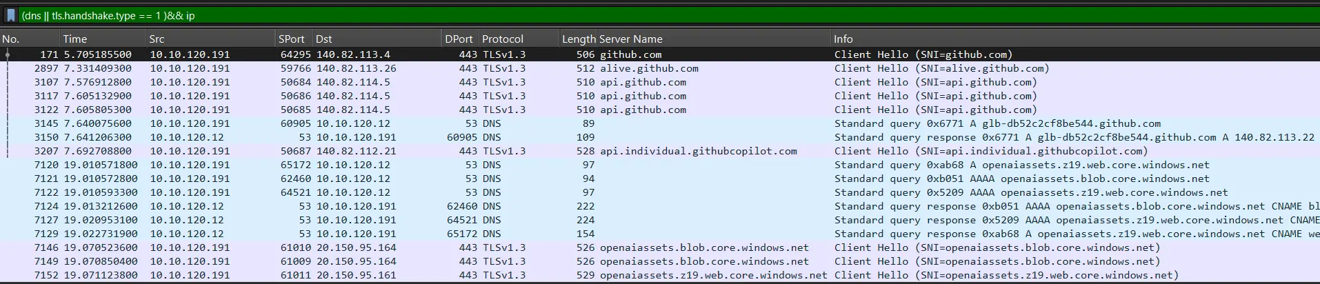 Wireshark capture showing DNS queries and TLS Client Hello packets